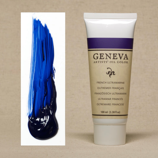 Geneva French Ultramarine artists' oil paint, 100 ml tube next to a deep blue paint swatch