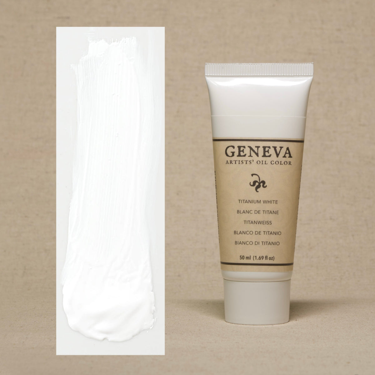 Geneva Titanium White artists' oil paint, 50 ml tube next to a white paint swatch