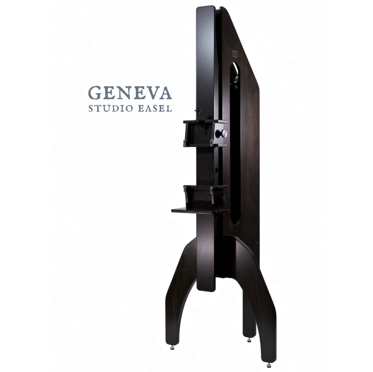Side view of a black Geneva Studio Easel with the Geneva Studio Easel logo