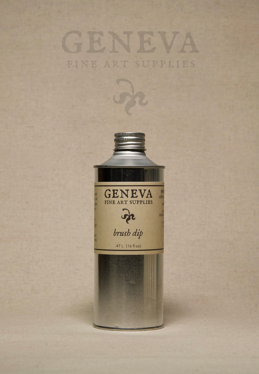 Geneva Brush Dip metal can in front of a faint Geneva Fine Art Supplies logo