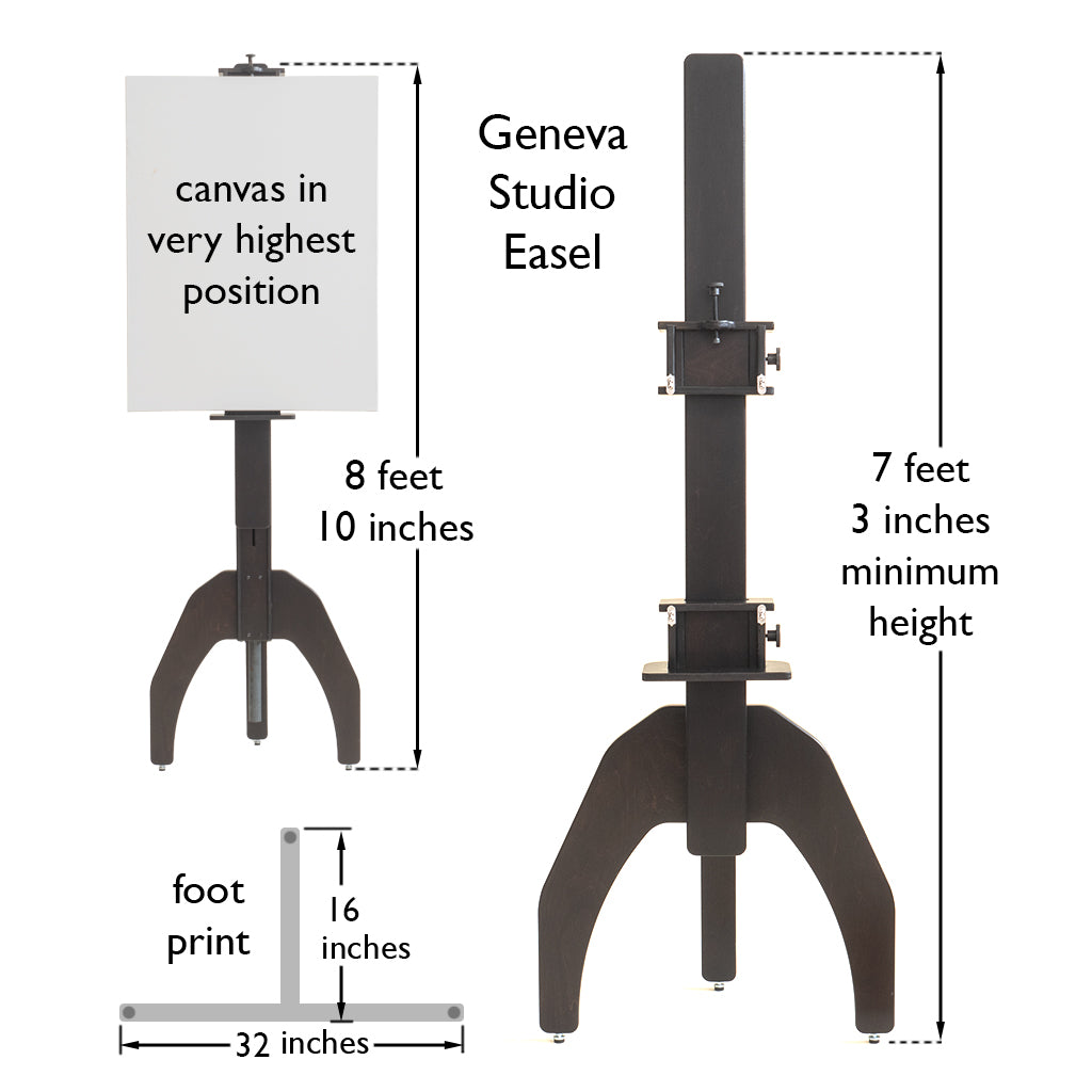 Geneva Studio Easel diagram showing canvas height up to 8 feet 10 inches, minimum height of 7 feet 3 inches and a 32 by 16 inch footprint