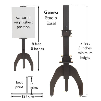 Geneva Studio Easel diagram showing canvas height up to 8 feet 10 inches, minimum height of 7 feet 3 inches and a 32 by 16 inch footprint