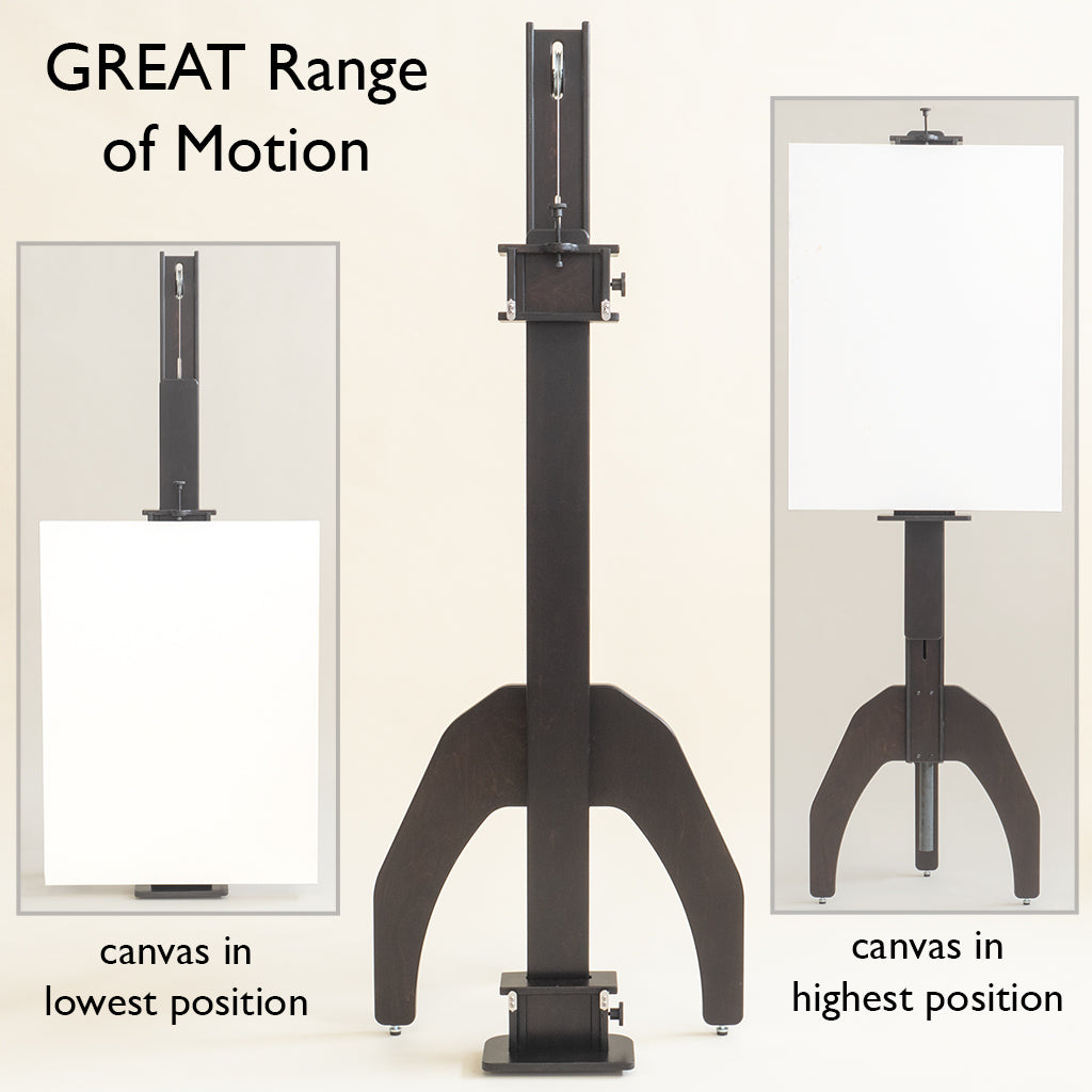 Geneva Studio Easel range of motion, with a canvas in the lowest and in the highest position