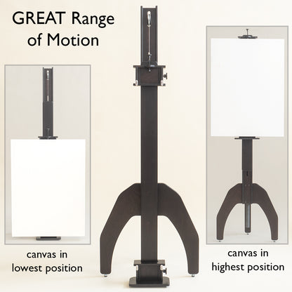 Geneva Studio Easel range of motion, with a canvas in the lowest and in the highest position