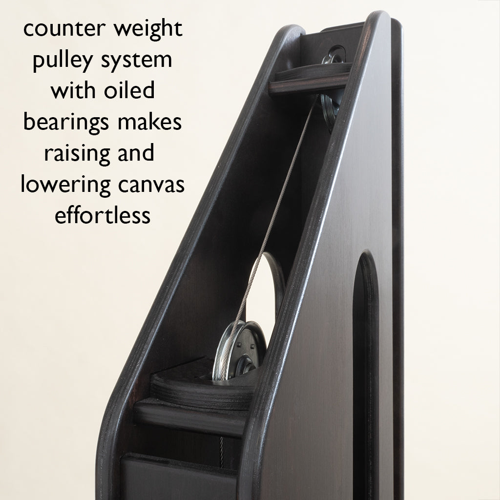 Geneva Studio Easel counterweight pulley system on oiled bearings for raising and lowering the canvas