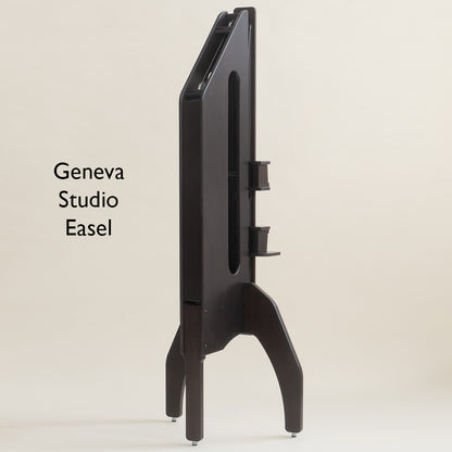 Side view of the Geneva Studio Easel in a dark walnut stain