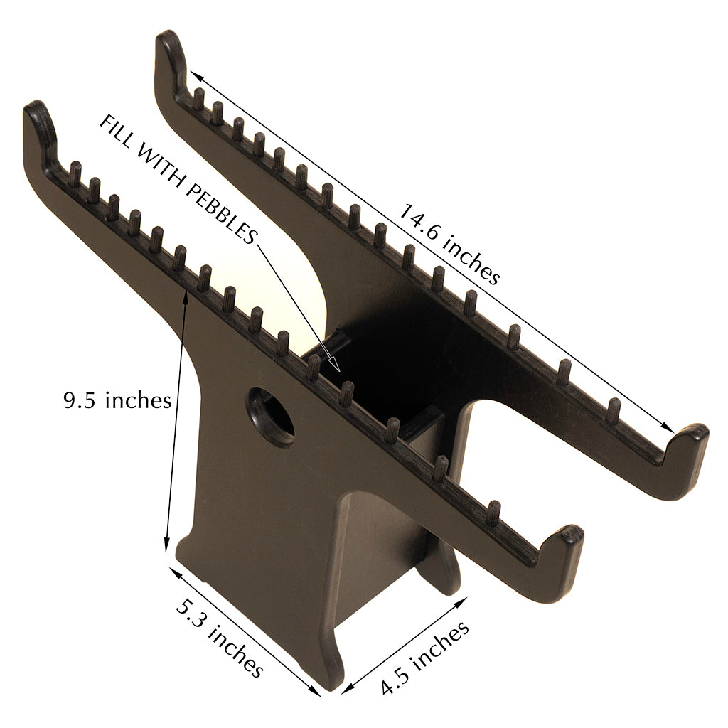 Geneva Brush Holder diagram with dimensions (14.6 in long, 9.5 in high) and a note to fill the central chamber with pebbles