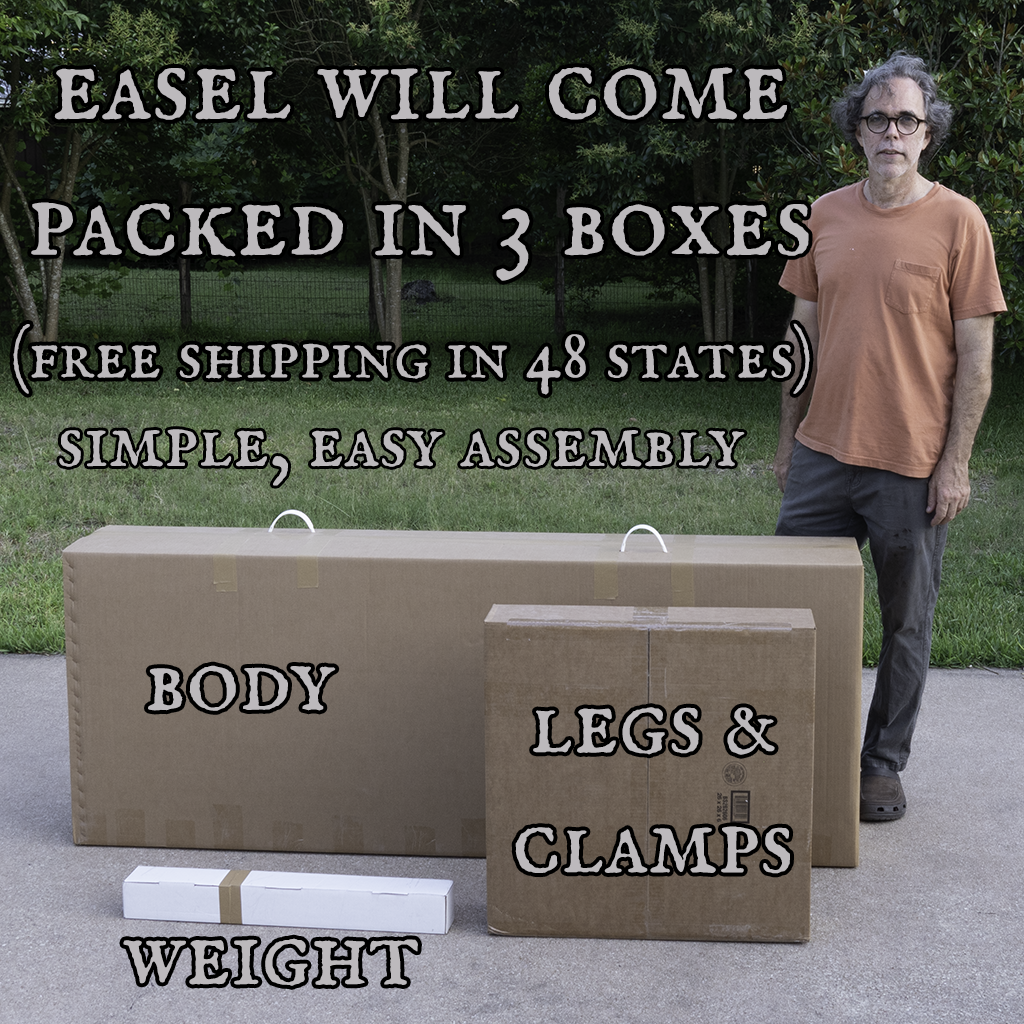 Geneva Studio Easel shipping boxes labeled body, legs and clamps, and weight, with a man standing behind them