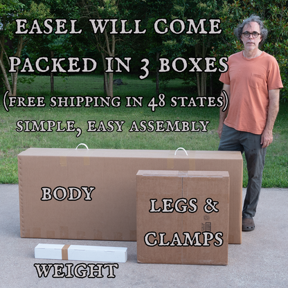 Geneva Studio Easel shipping boxes labeled body, legs and clamps, and weight, with a man standing behind them